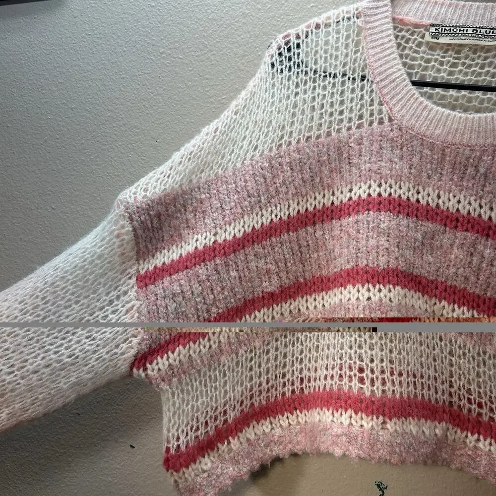 Kimchi Blue Open Knit Sweater Size M Pink Cream Wool‎ Blend Cottagecore Slouchy